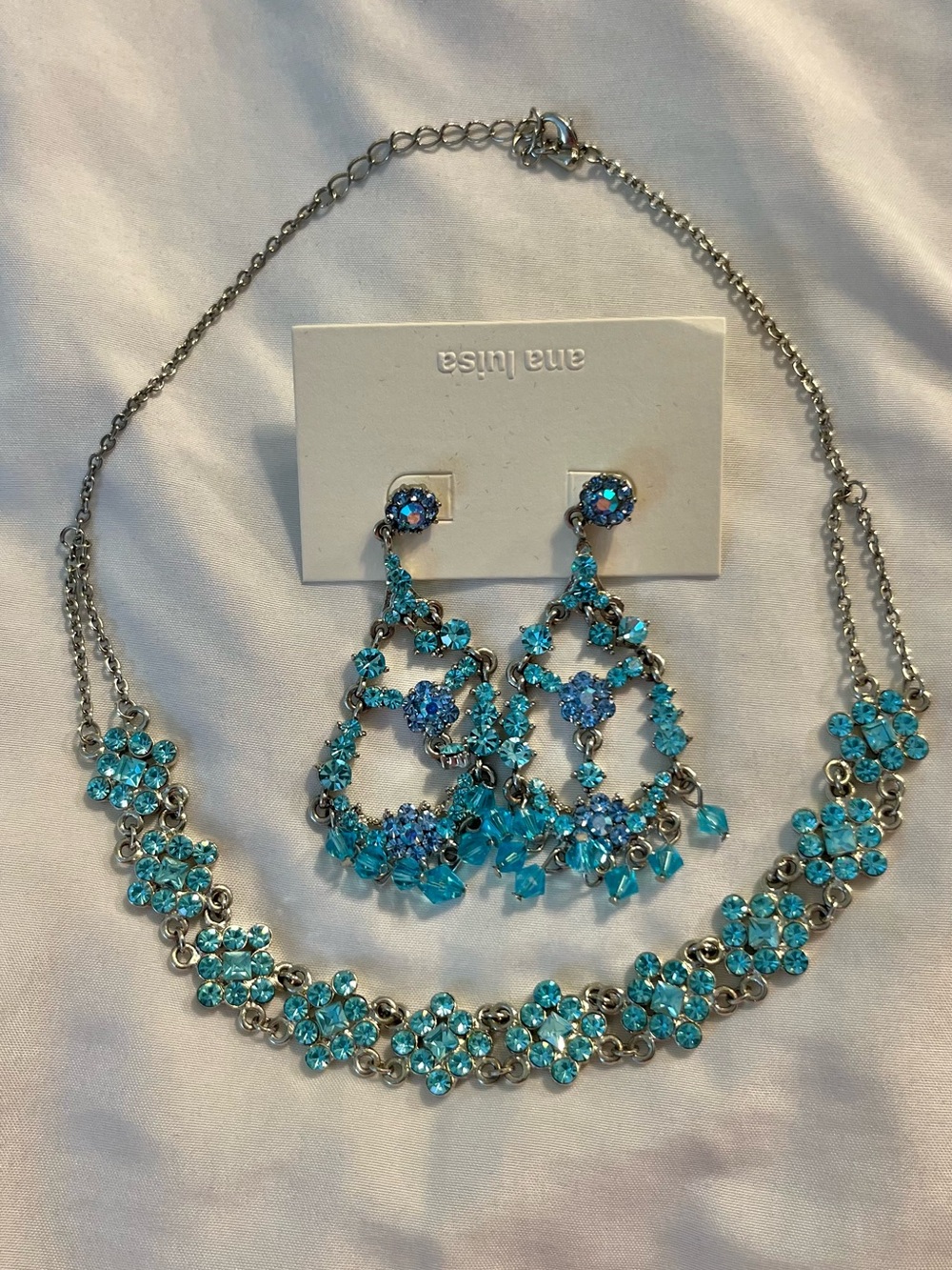 ✨ Aqua/Teal/Turquoise Rhinestone Necklace & Chandelier Earrings Jewelry Set 🌸